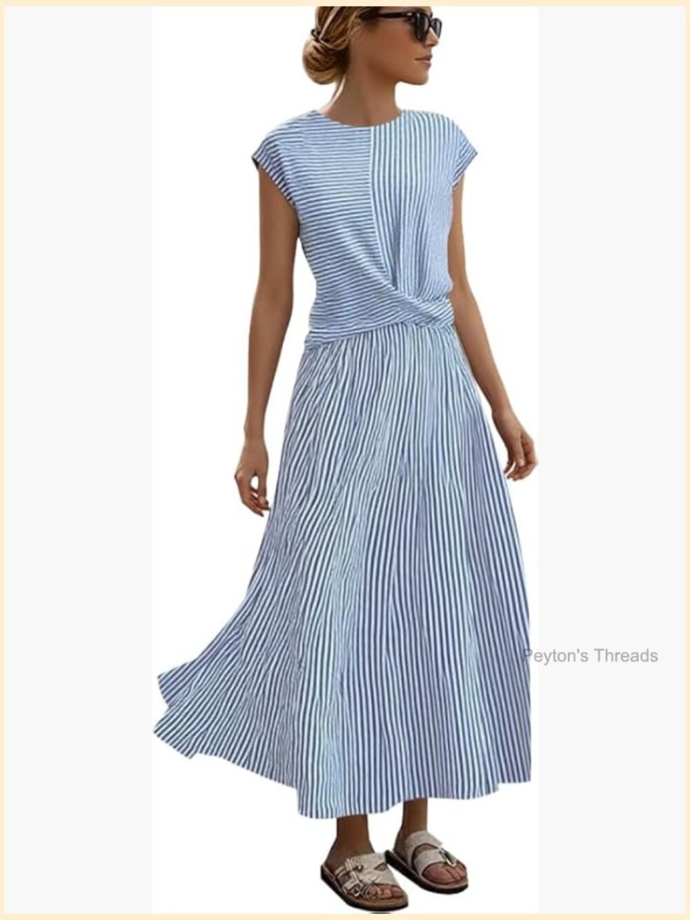 Women's Striped Twisted Front Maxi Dress with Pockets Cap Sleeve